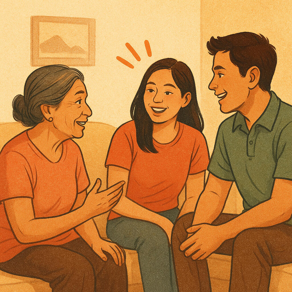 Image of a family happily chatting with one another